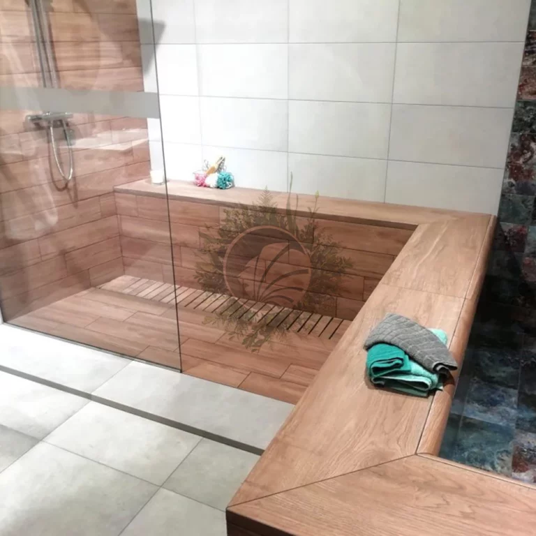 borde porcelánico imitación madera baño