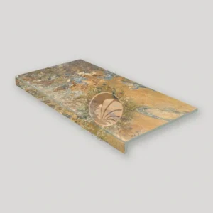 coronacion piscina porcelanico piedra naranja y gris