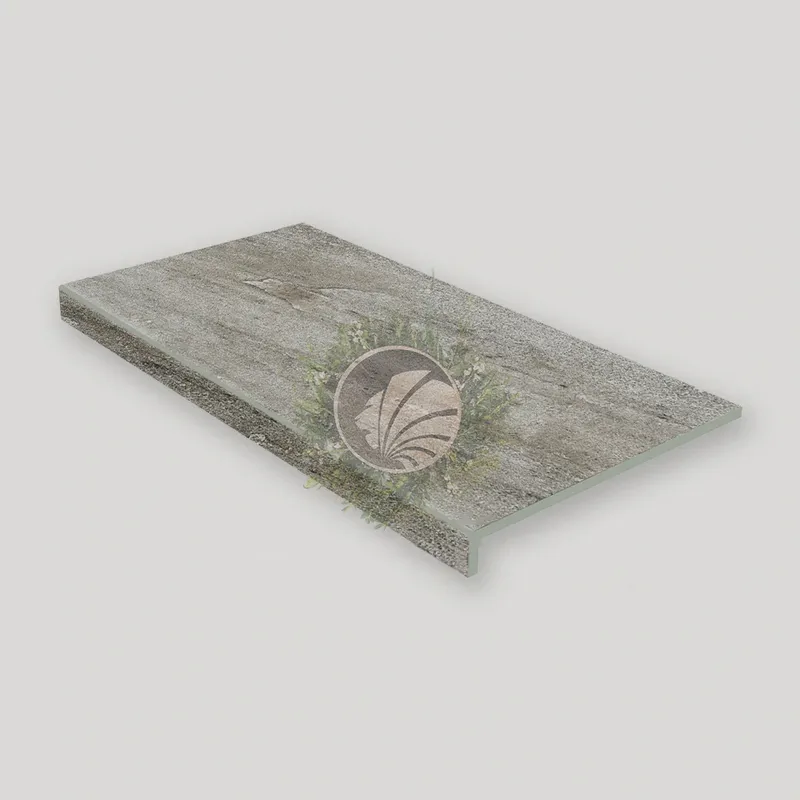 coronación de piscina porcelánica con efecto piedra oscura